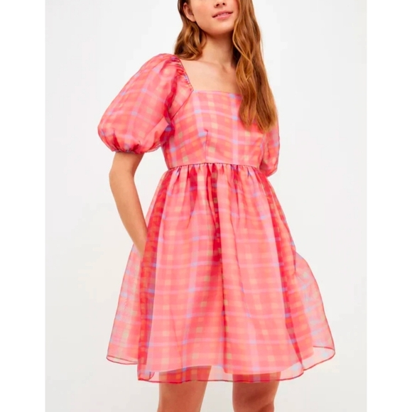 Endless Rose Dresses & Skirts - Endless Rose Checker Print Puff Sleeve Babydoll Pink Mini Dress Size Small